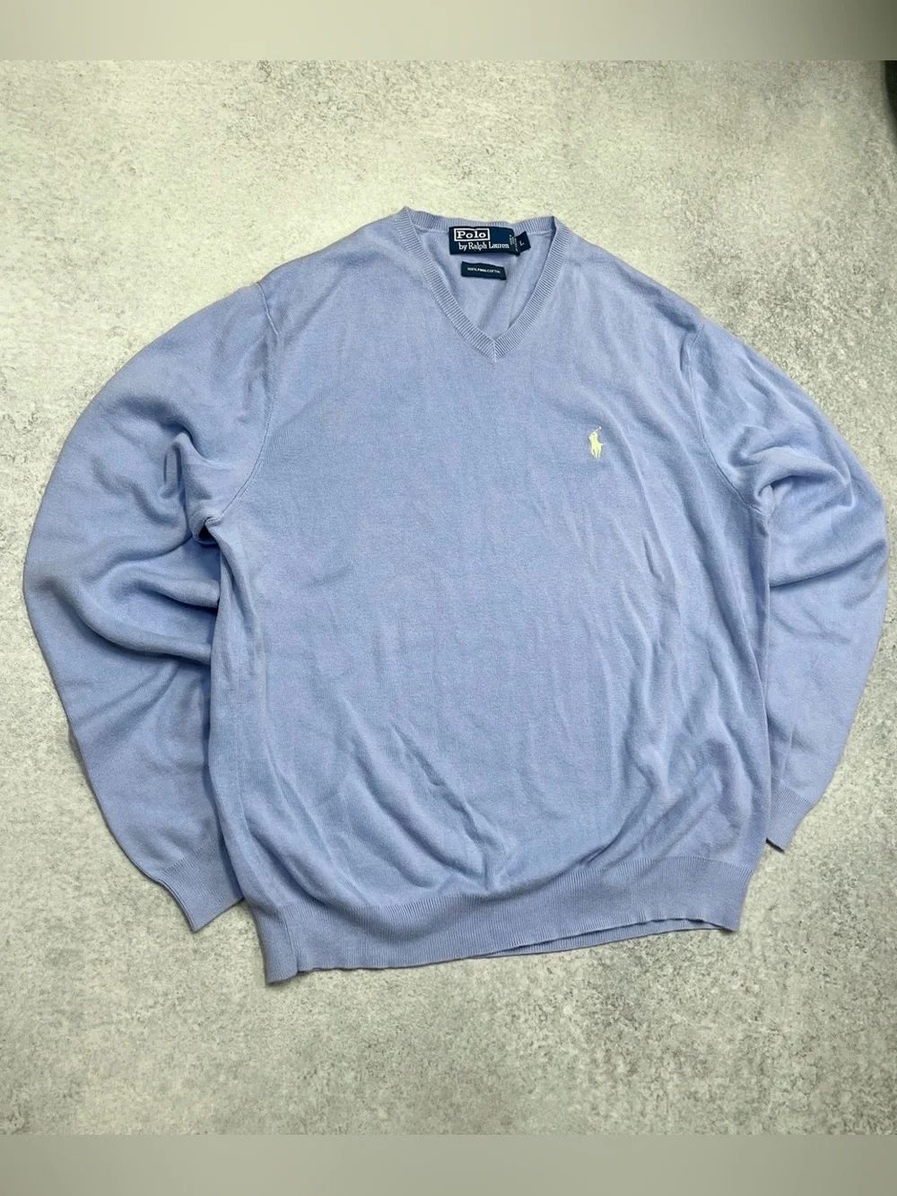 Vintage Polo Ralph Lauren Light Blue Yellow Pony Pima Cotton V-neck Knit Sweater
